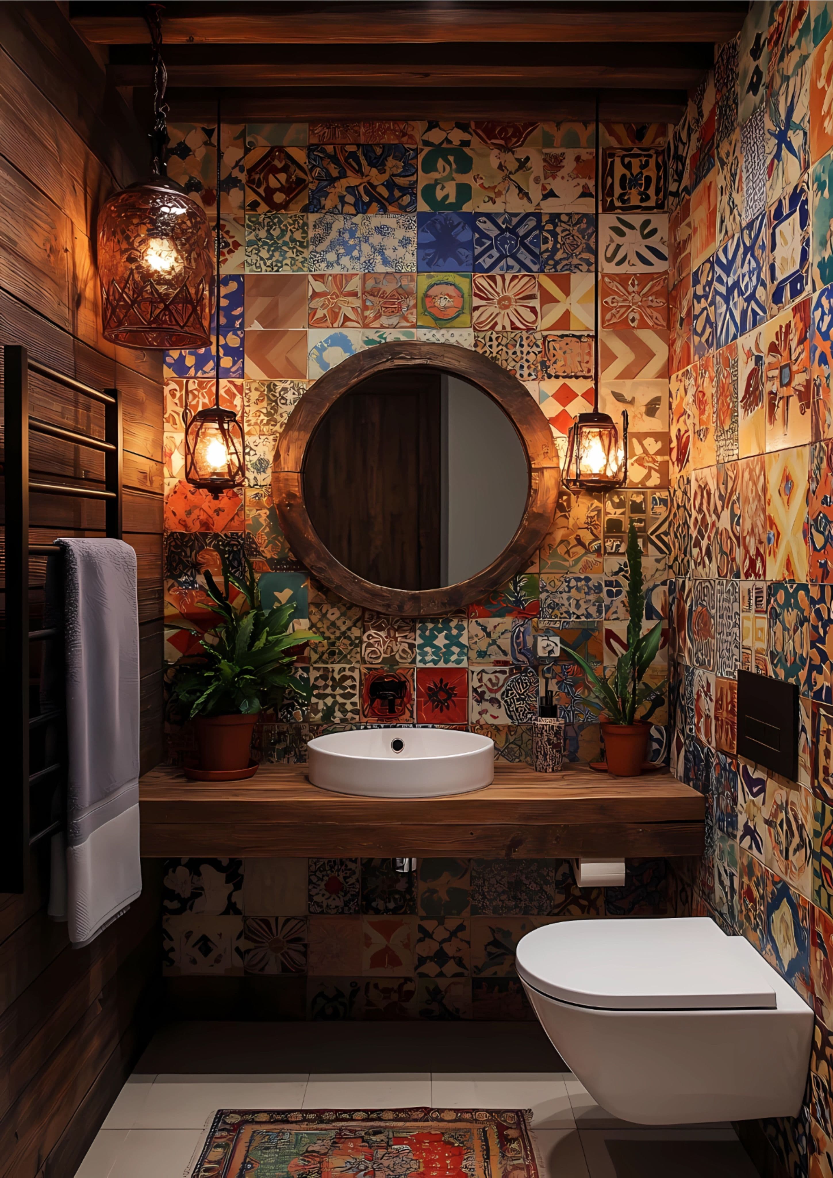 a bathroom with colorful tiles on the walls and a round mirror above the sink, along with a rug, classique, zellige