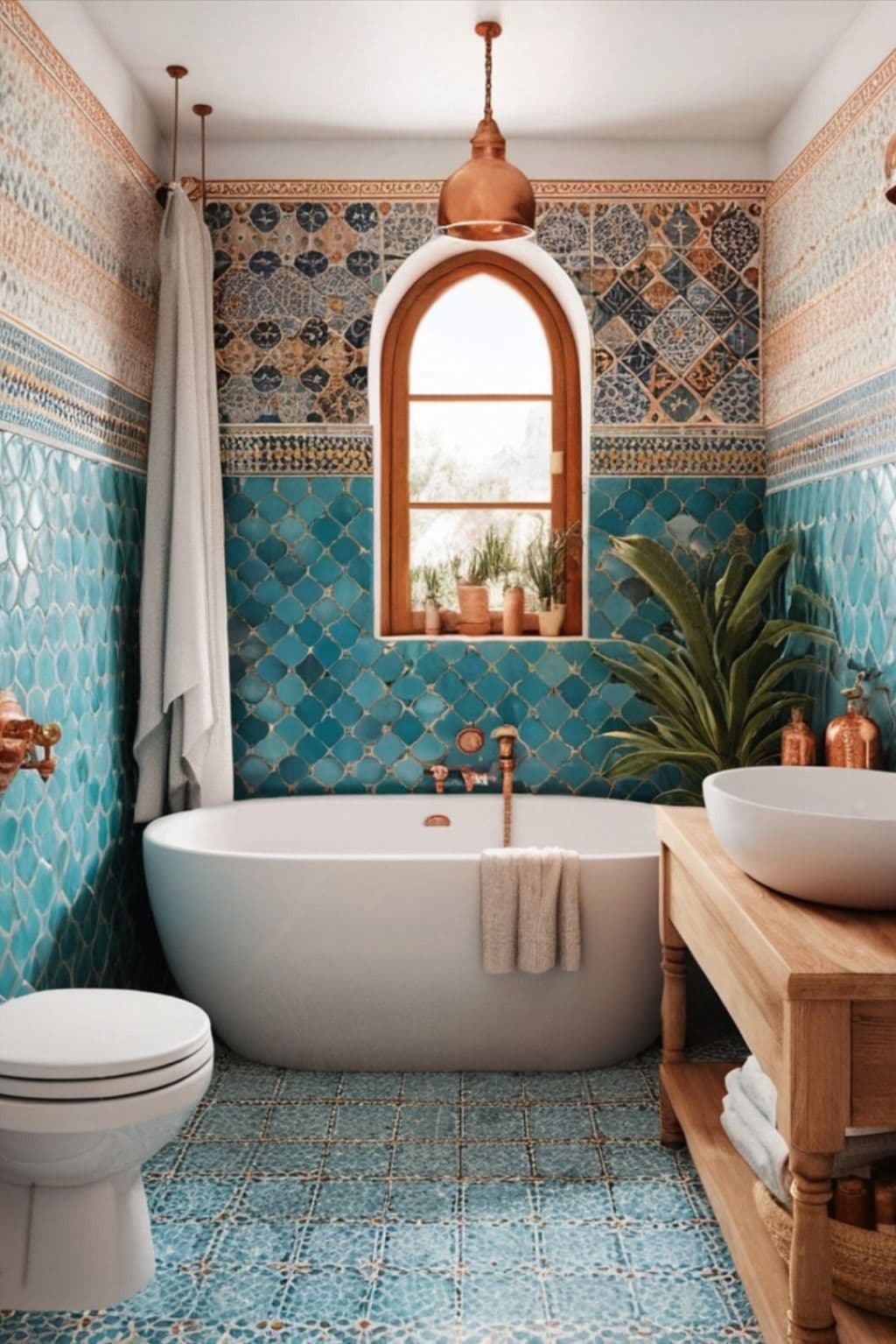Bring exotic charm to your small bathroom with intricate Moroccan tiles and warm copper details. A vacation vibe in your own home. #MoroccanStyle #SmallBathroom #ExoticDesign Mediterranean Small Bathroom, Small Mediterranean Bathroom, Mediterranean Inspired Bathroom, Small Bathroom Mediterranean Style, Portuguese Tiles For Bathroom Walls, Portuguese Tile-inspired Decor, Portuguese Blue Tile Bathroom, Bathroom Portuguese Tiles, Small Elegant Bathroom, marocain, zellige, laiton