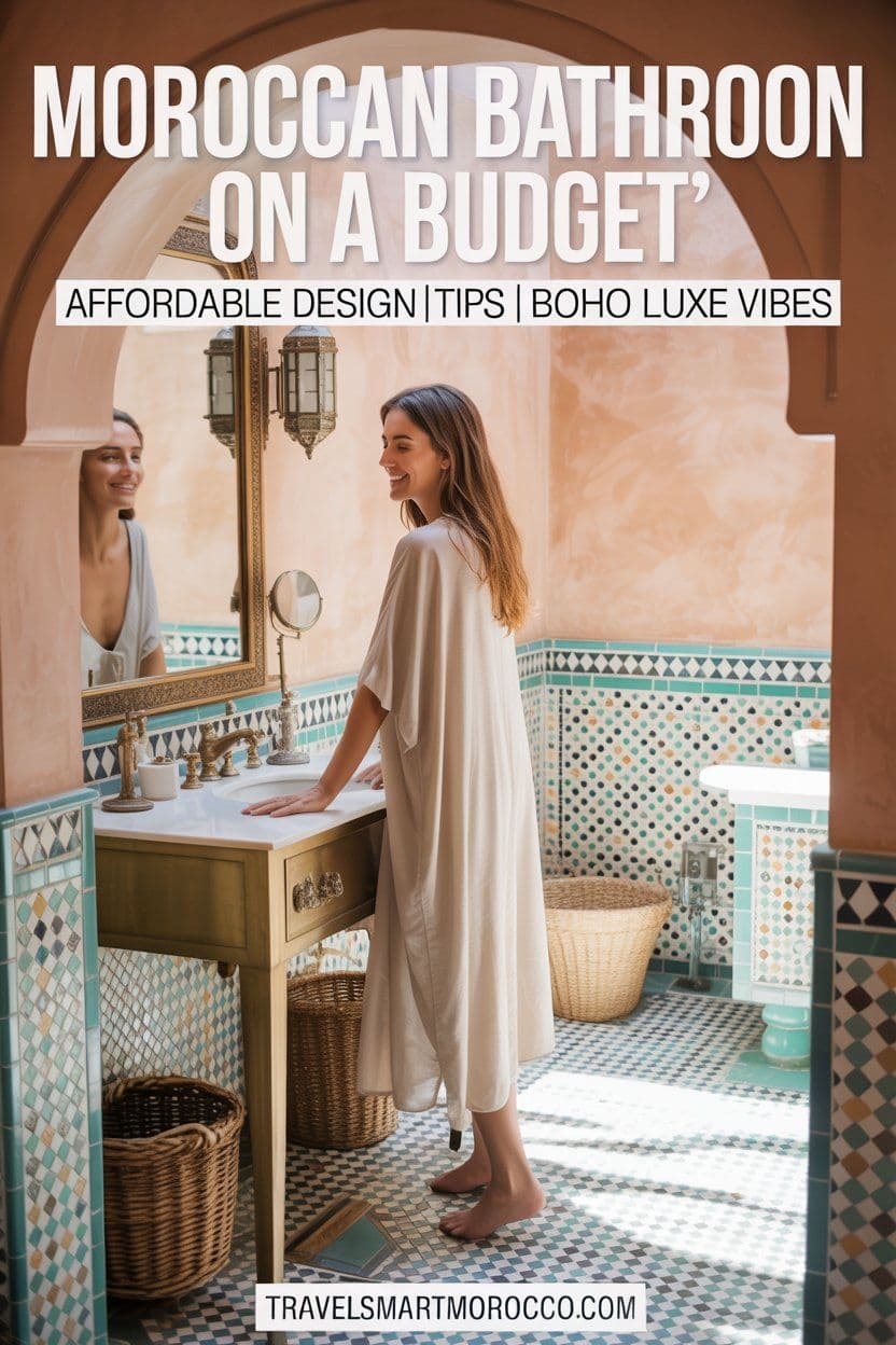 Elegant Moroccan-style bathroom featuring mosaic tiles, brass fixtures, and warm, earthy tones for a luxurious yet budget-friendly interior design., marocain, zellige