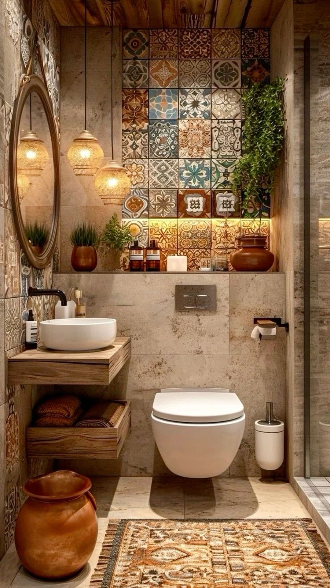 a bathroom with a toilet, sink and mirror in it's center wall area, classique, tadelakt