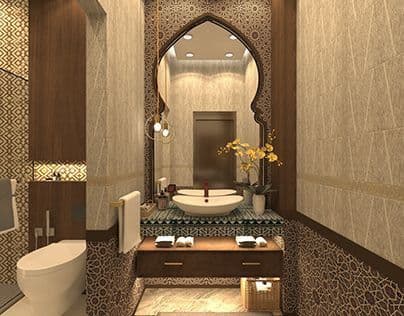 a bathroom with a toilet, sink and mirror, classique, tadelakt