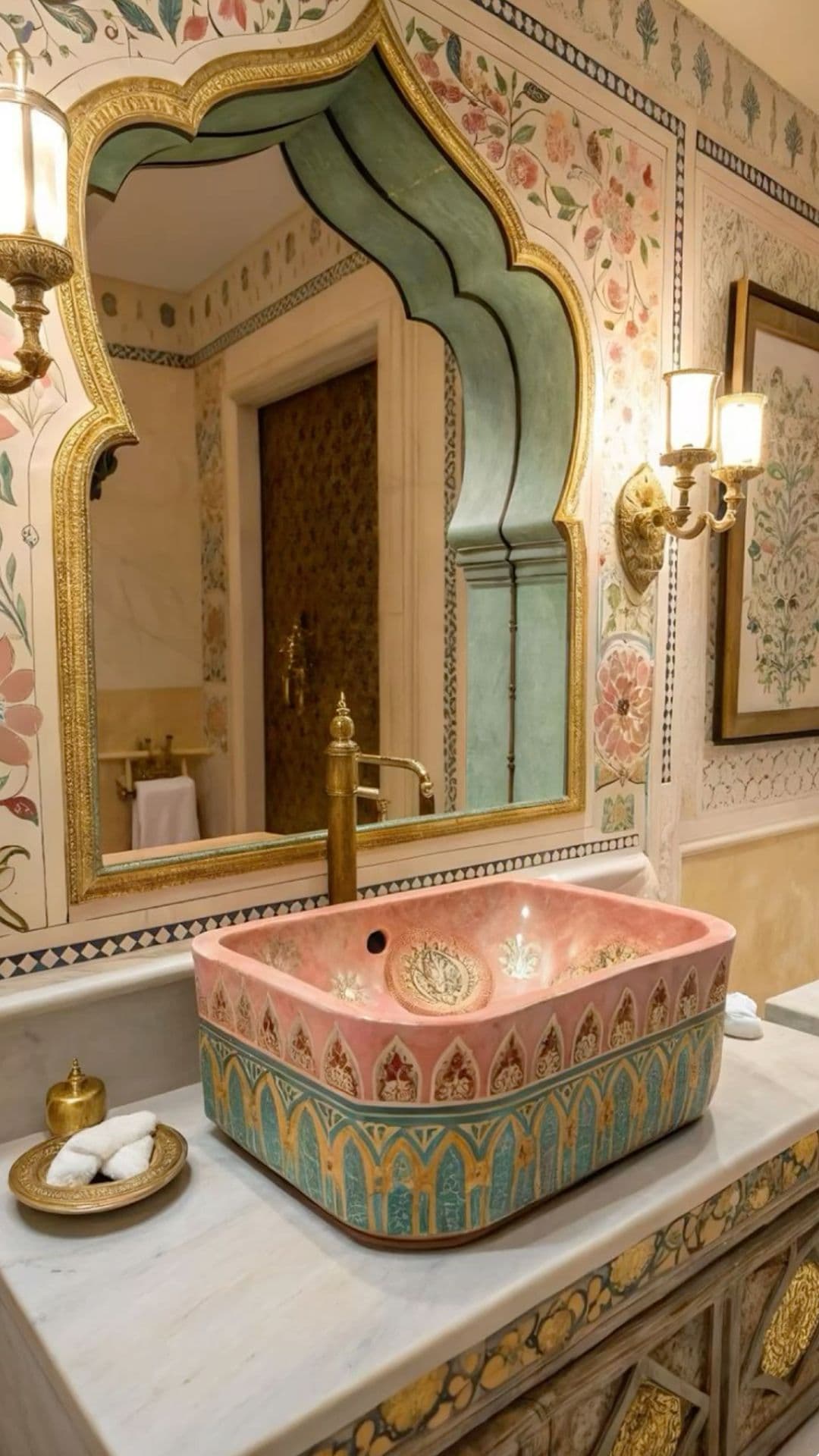 a fancy bathroom with an ornate sink and large mirror over the bathtub is decorated in pastel colors, classique, tadelakt