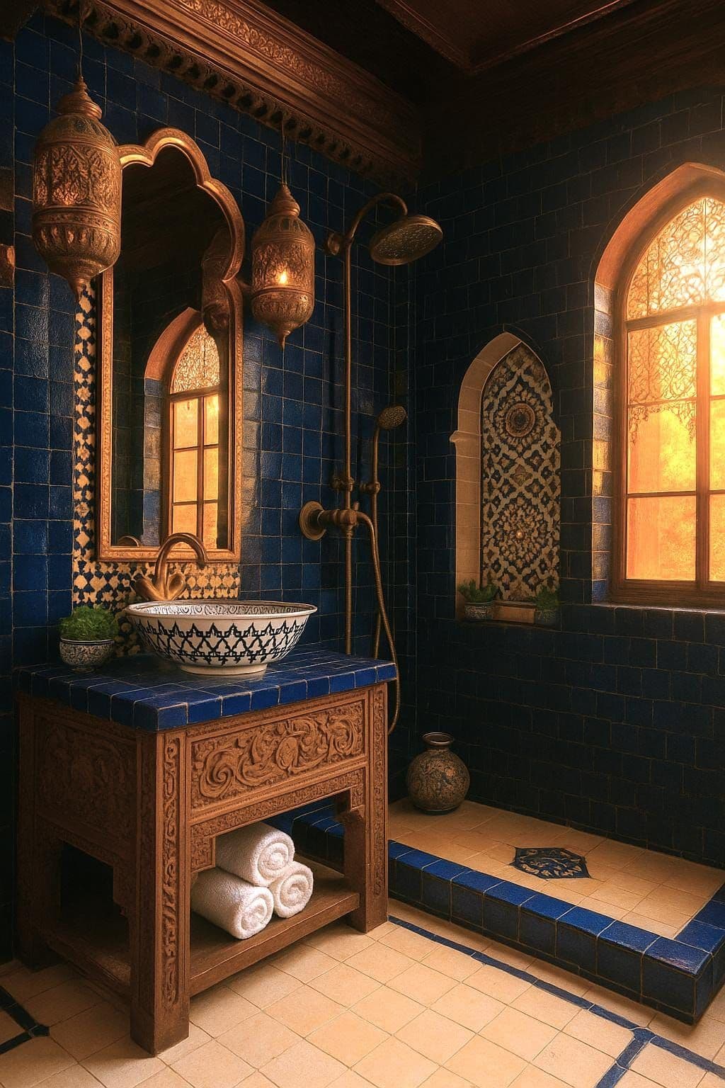 a bathroom with blue tile walls and flooring next to a large sink in front of a window, classique, zellige
