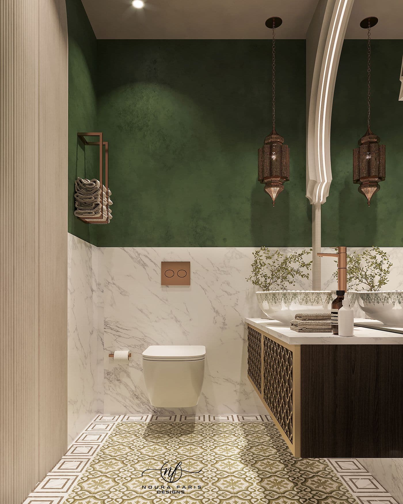 a bathroom with green and white walls, marble flooring and two sinks in the middle, classique, marbre