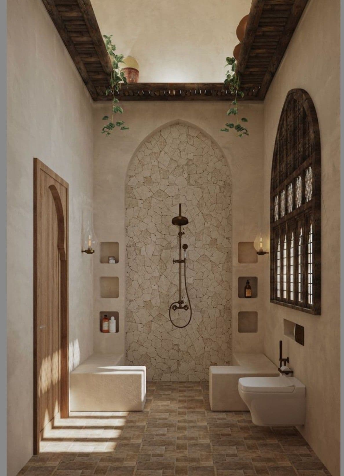 a bathroom with stone walls and tiled floors, classique, zellige, pierre