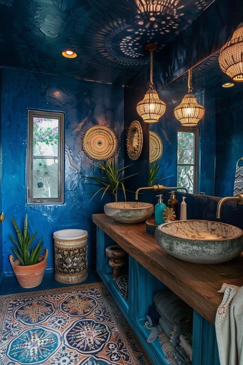 a blue bathroom with two sinks and potted plants, classique, tadelakt