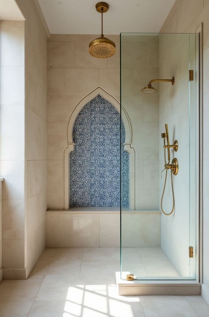a bathroom with a walk in shower next to a tiled wall and ceiling light fixture, classique, zellige