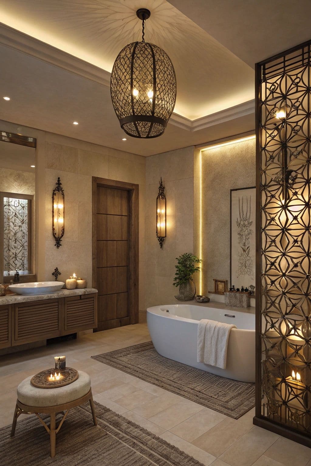 a bathroom with a tub, chandelier and lights on the wall above it, classique, tadelakt