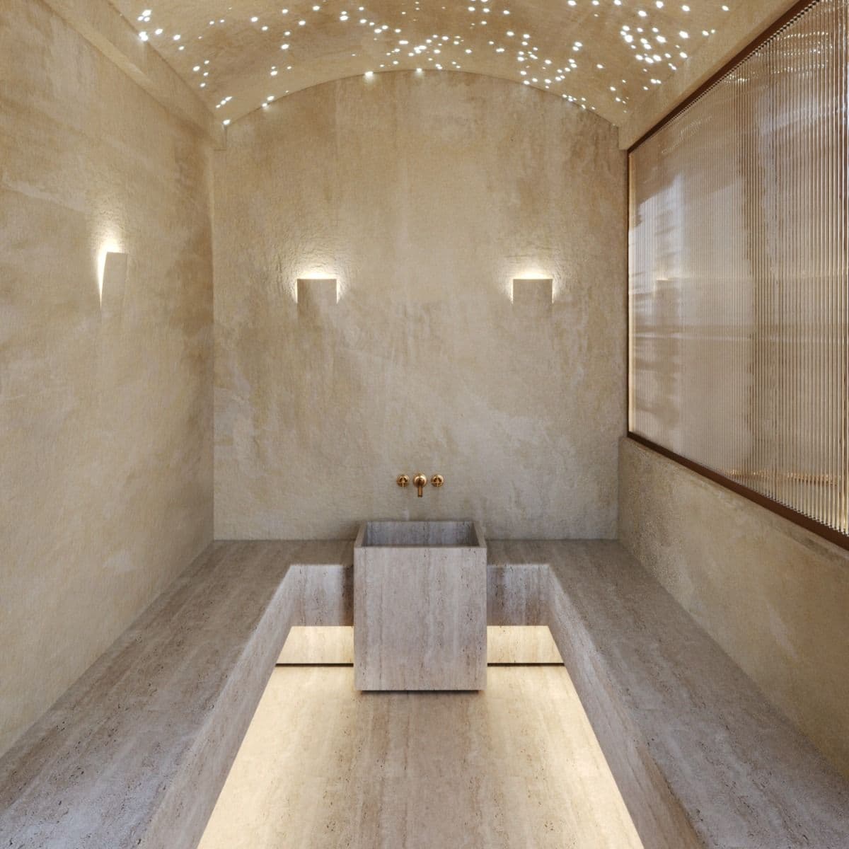an empty room with lights on the ceiling and two sinks in the middle, surrounded by concrete walls, classique, tadelakt