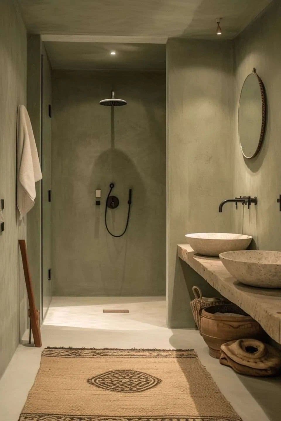 a bathroom with two sinks, a shower and a rug on the floor in front of it, classique, tadelakt
