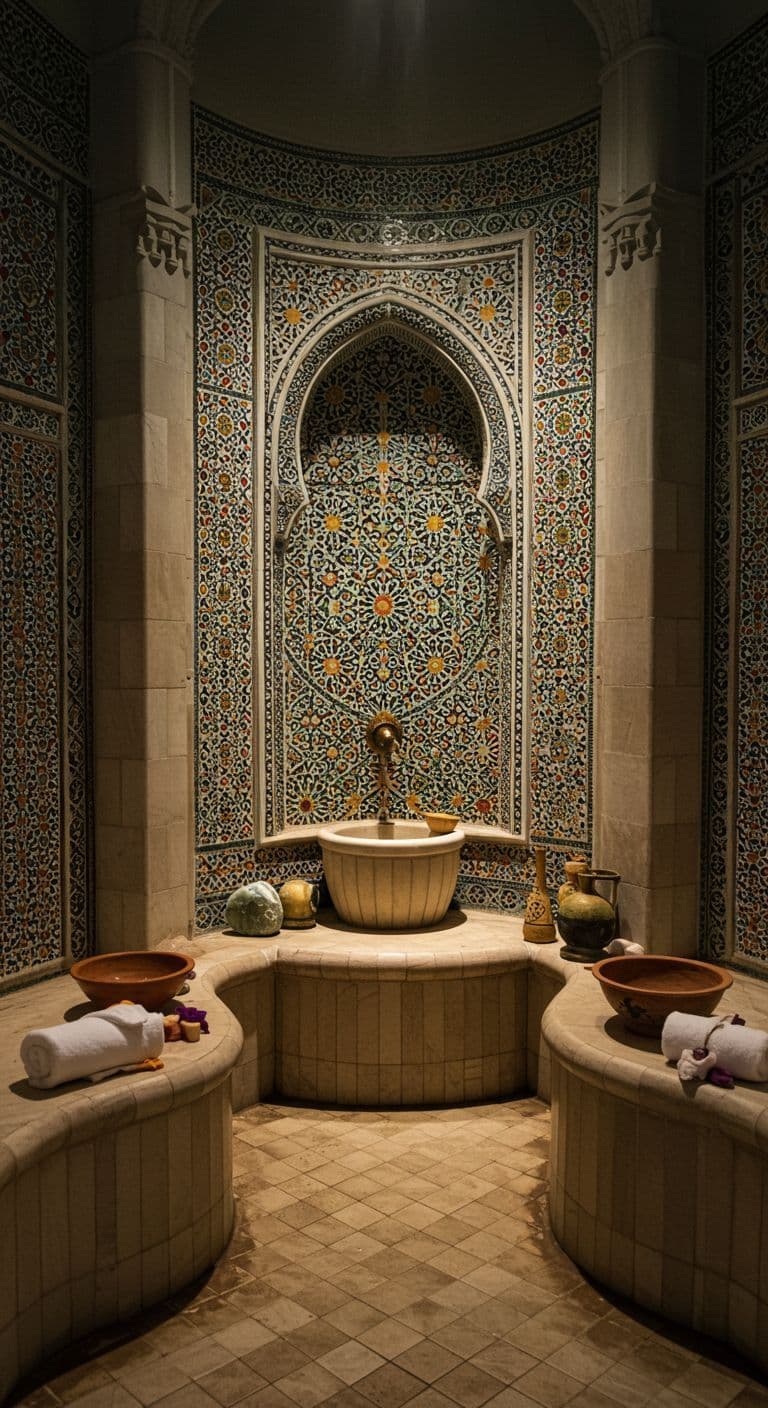 an ornate bathroom with stone walls and tiled flooring is pictured in this image, there are two circular bathtubs on either side of the tub, classique, zellige, pierre