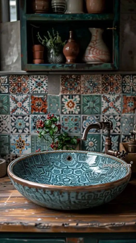 a bowl shaped sink sitting on top of a wooden counter next to a shelf filled with vases, classique, bois