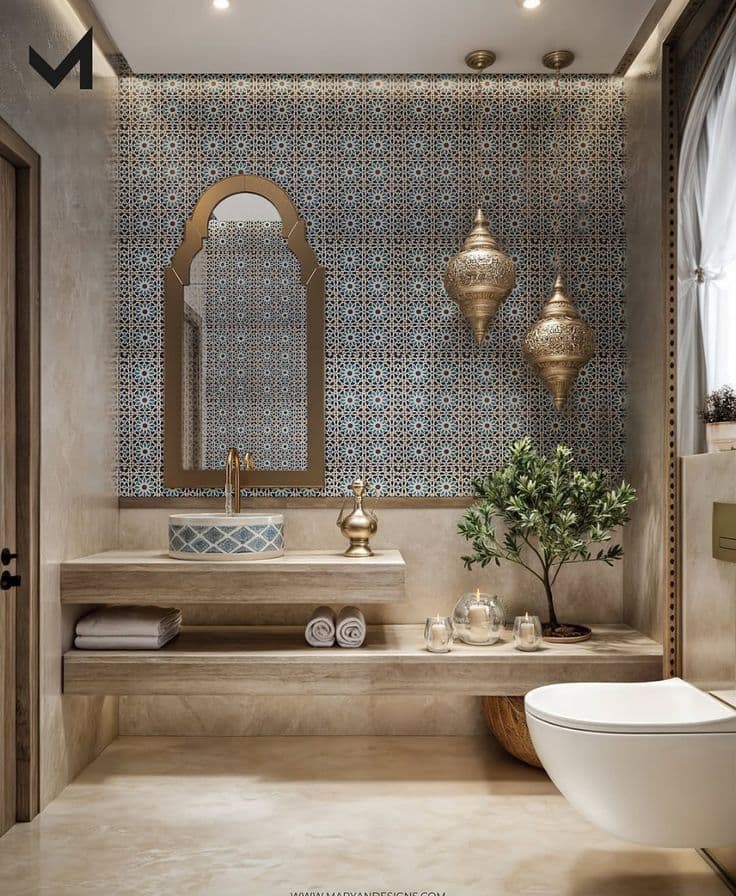 a bathroom with a sink, mirror and bathtub next to a plant on the counter, classique, tadelakt