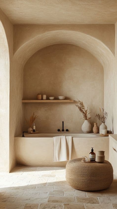 a bath room with a tub a shelf and some vases on the wall next to it, classique, tadelakt