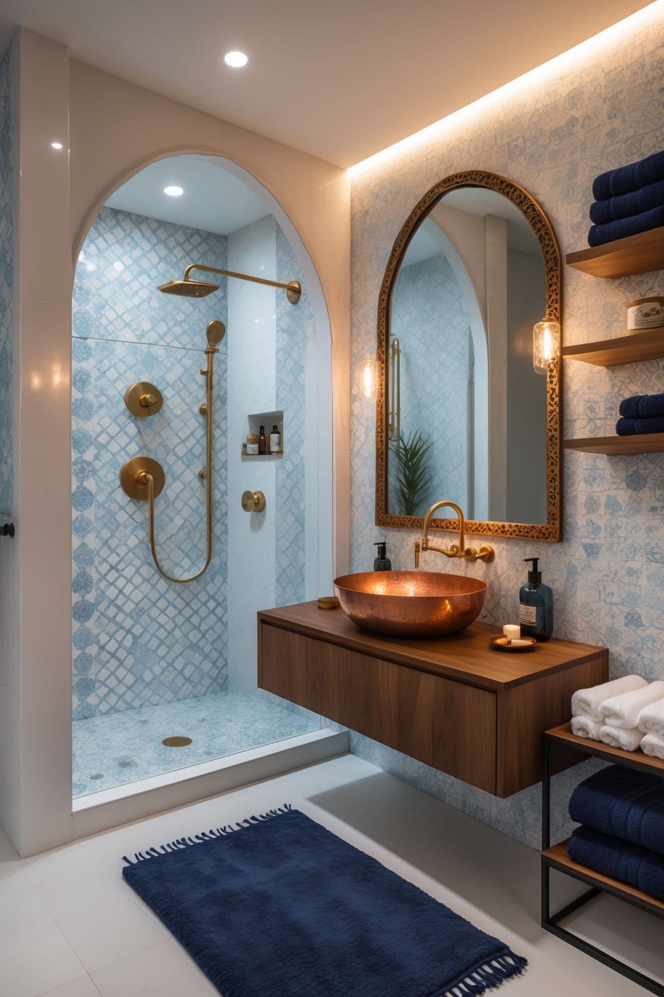 a bath room with a sink a mirror and a shower, classique, tadelakt