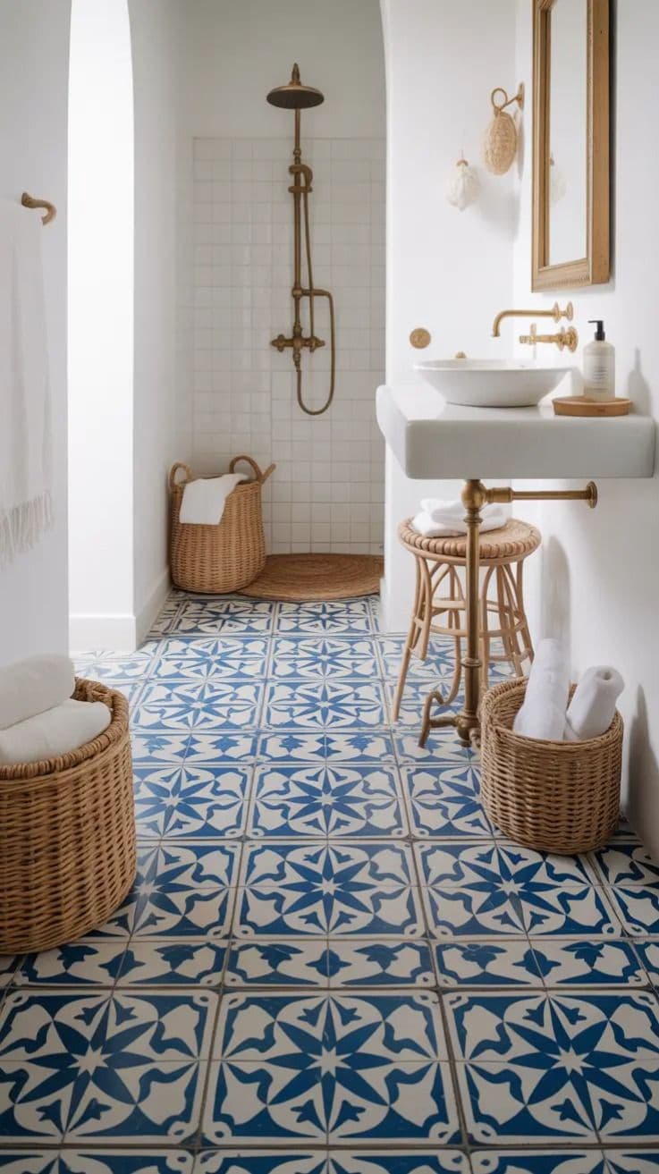 a bathroom with blue and white tiles on the floor, classique, zellige