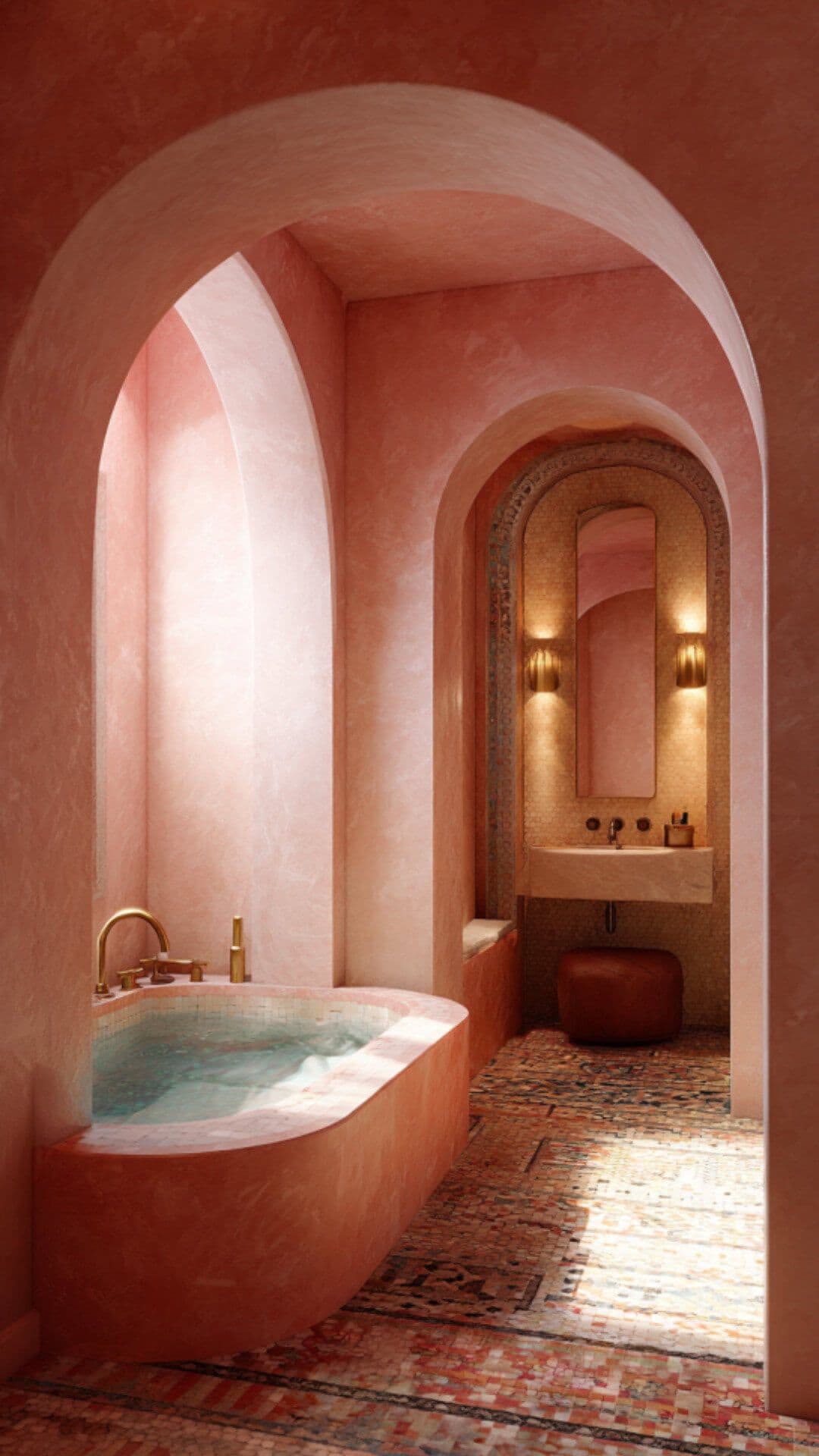a bath room with a large tub and a sink, classique, tadelakt