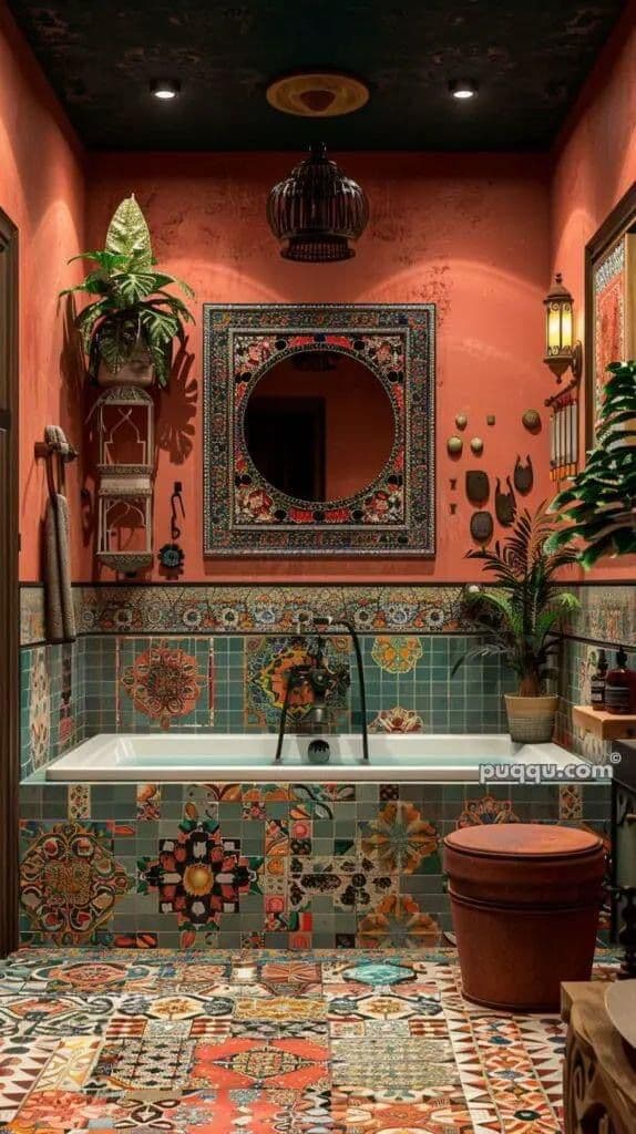 the bathroom is decorated with colorful tiles and potted plants on the wall, along with a large mirror above the bathtub, classique, zellige