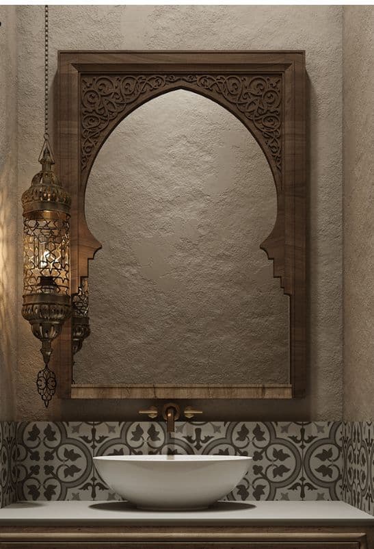 a bathroom sink sitting under a mirror next to a light, classique, tadelakt