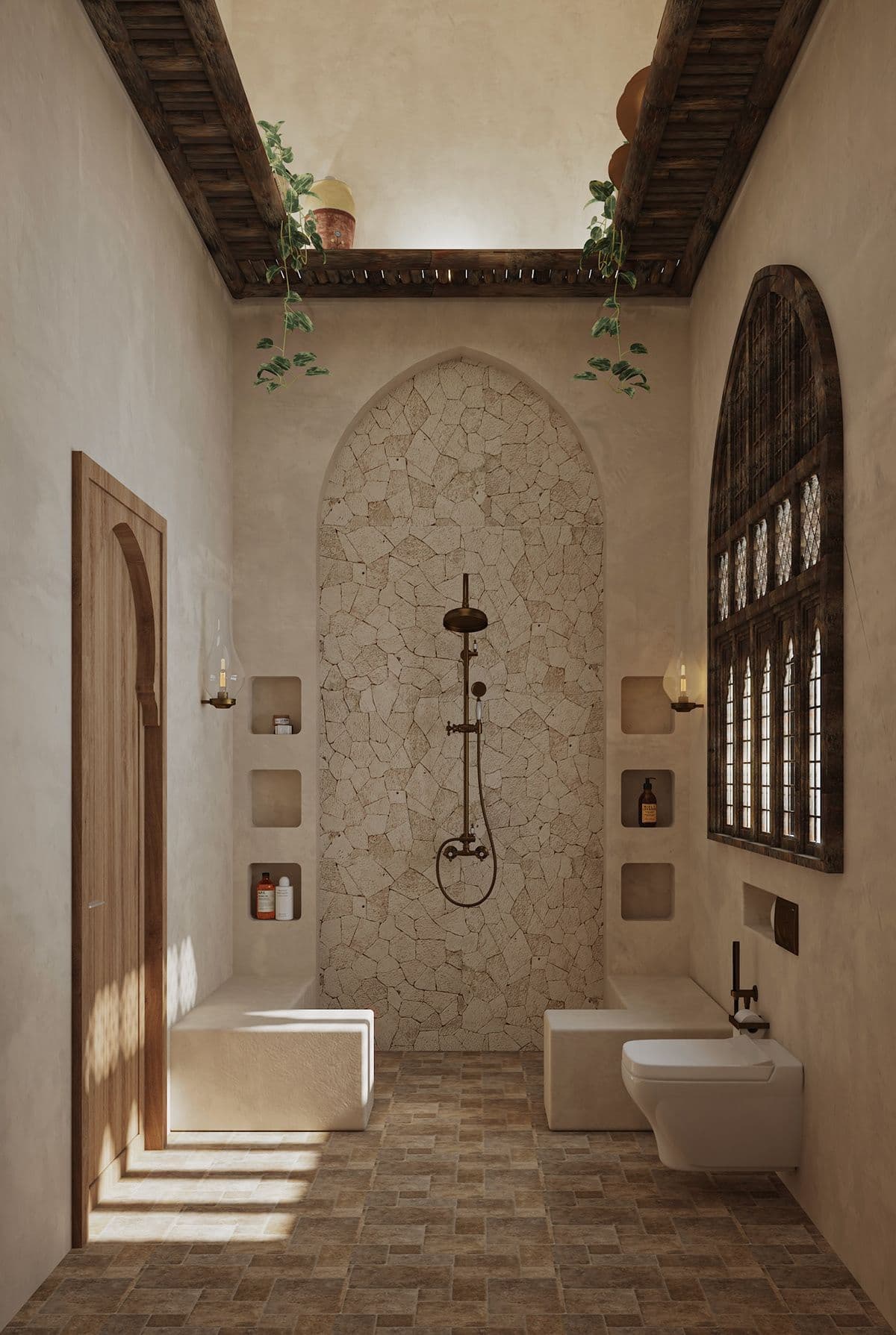 a bathroom with stone walls and tiled floors, classique, zellige, pierre