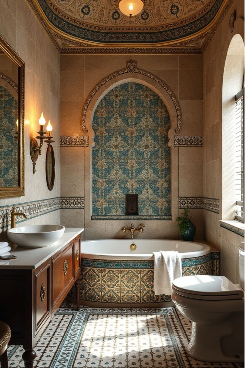 Moroccan-inspired bathroom with mosaic tiles, brass sink, and domed ceiling, marocain, zellige